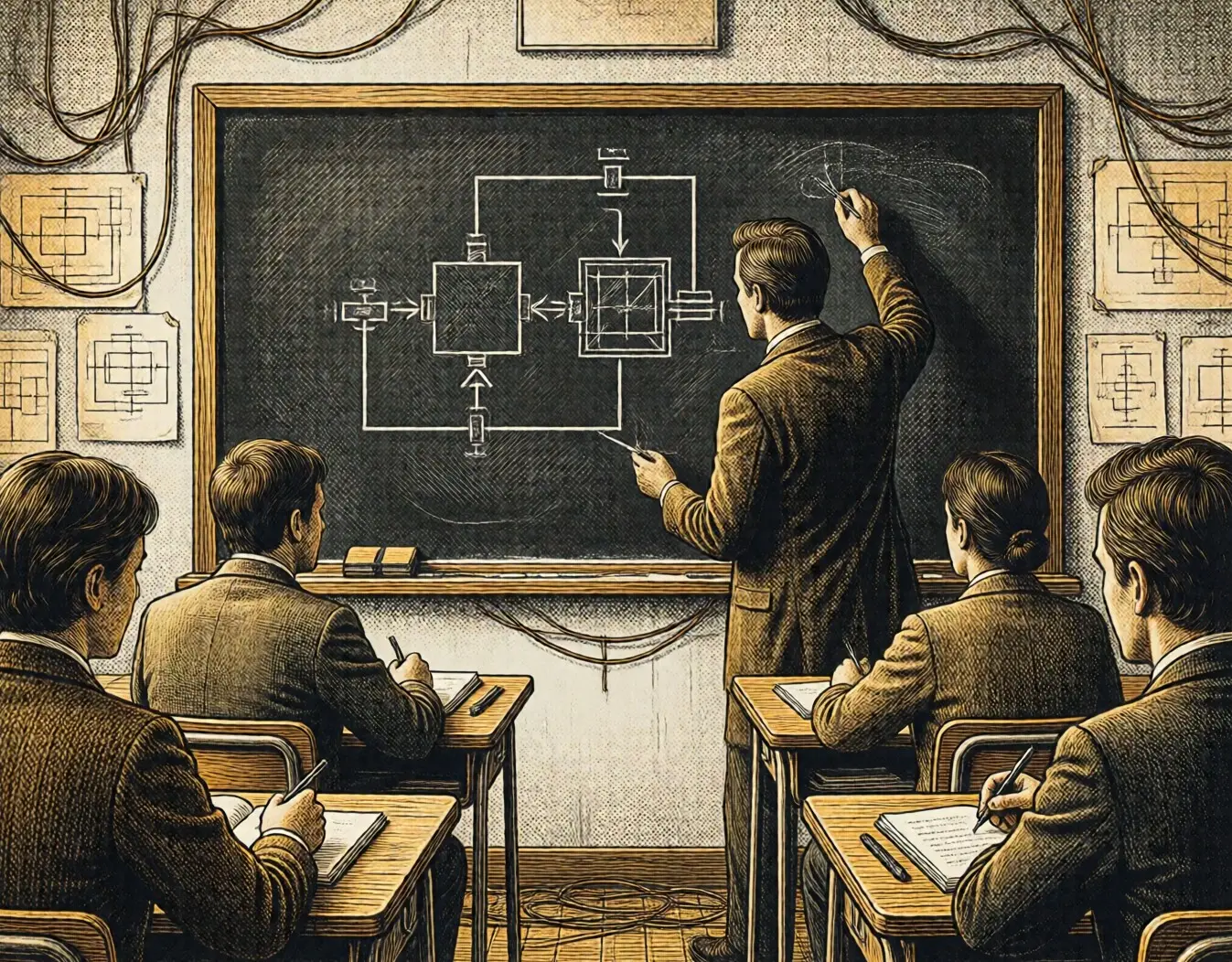 Illustration: an instructor drawing a circuit diagram for a class of adults