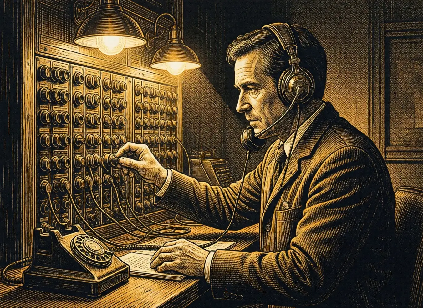 Illustration: a telephone operator connecting a call at a switchboard