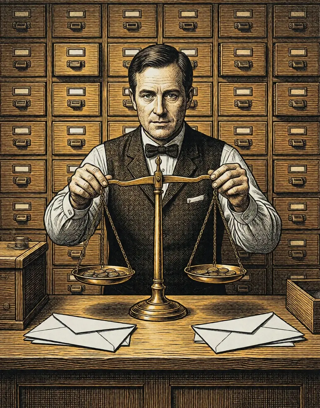 Illustration: a clerk at a currency exchange counter under a rate board