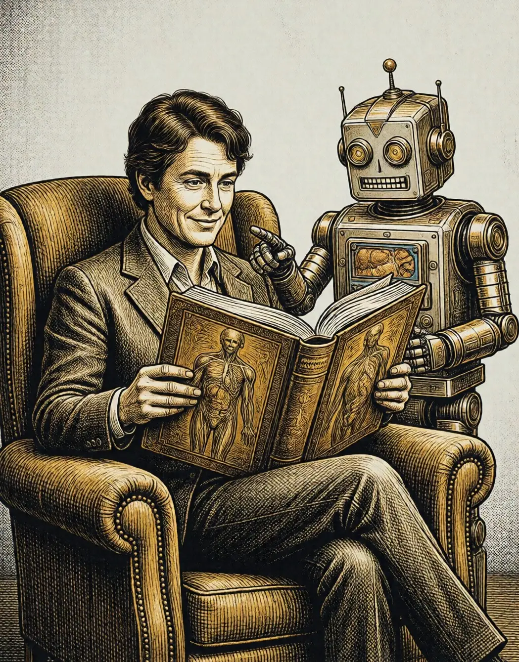 Illustration: a reader with a health reference book and a friendly robot assistant