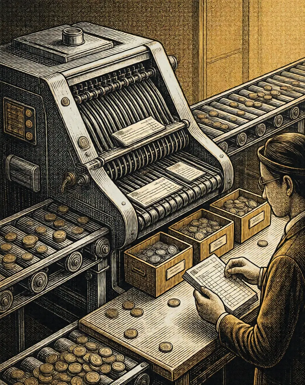 Illustration: a clerk checking a ledger beside a payment sorting machine