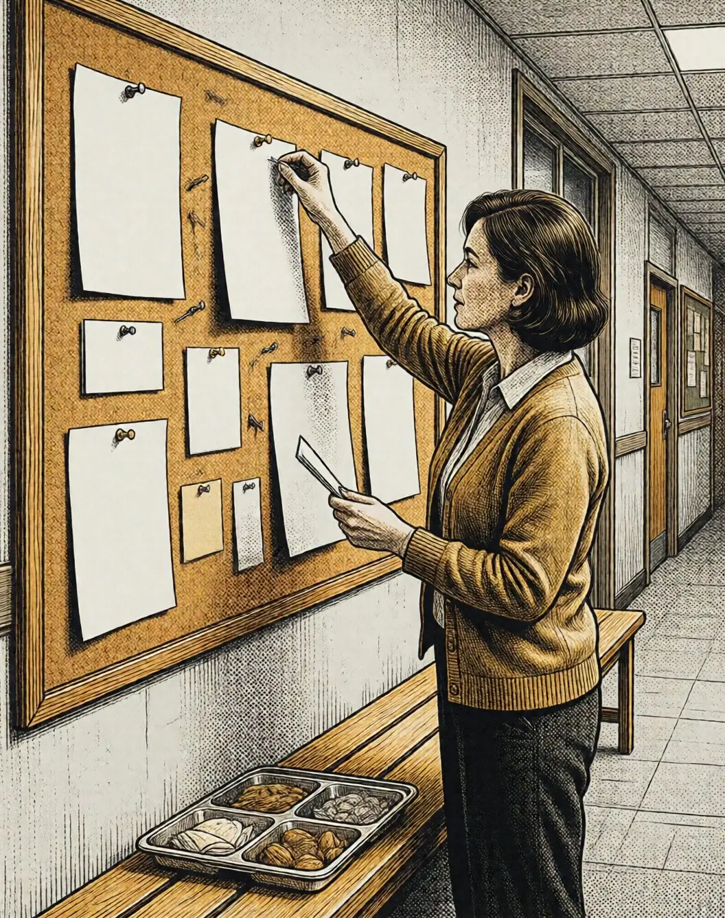 Illustration: a parent and a teacher pinning sign-up sheets on a school noticeboard