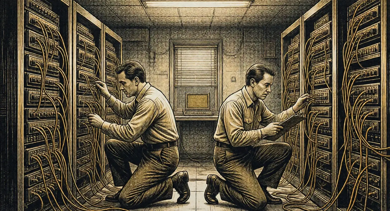Illustration: two programmers rewiring a room-sized early computer