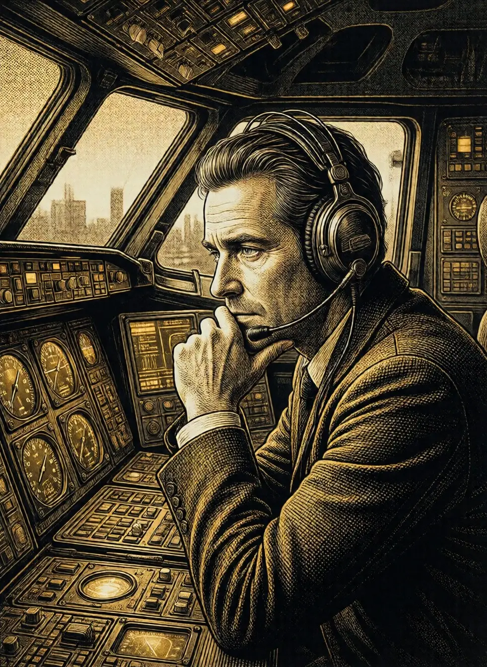 Illustration: a flight controller in a headset studying his console