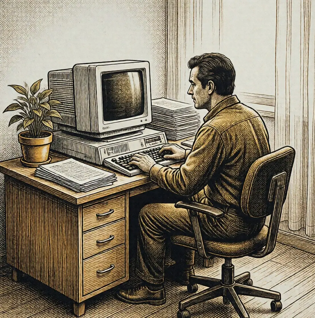 Illustration: a technician at a compact desk-sized computer