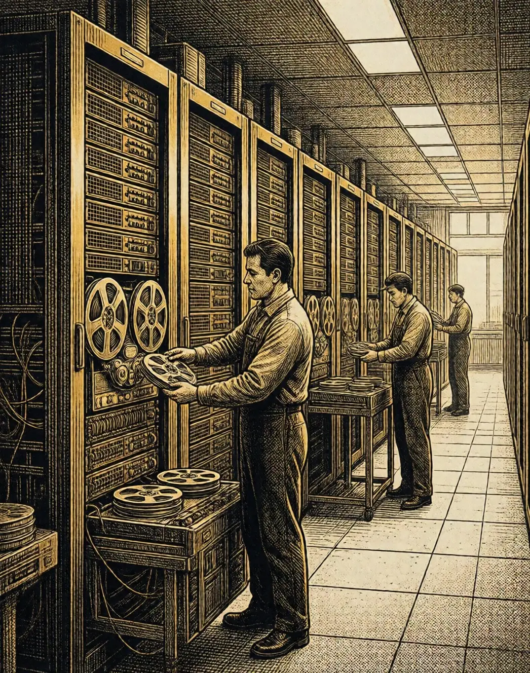Illustration: operators loading tape reels between mainframe cabinets