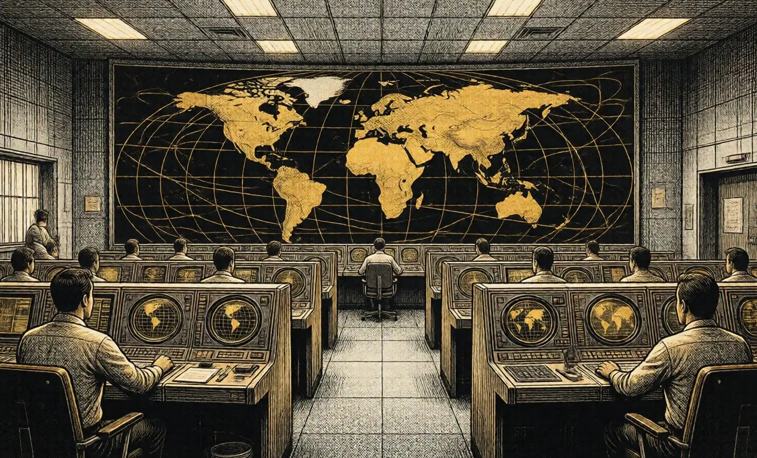 Illustration: a mission control room with rows of consoles and a world map