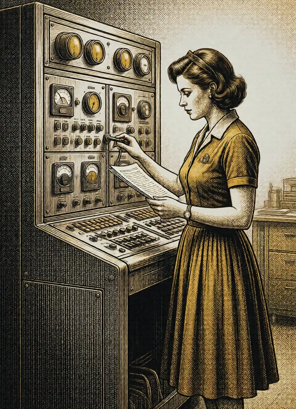 Illustration: an operator working the switches of a computer console
